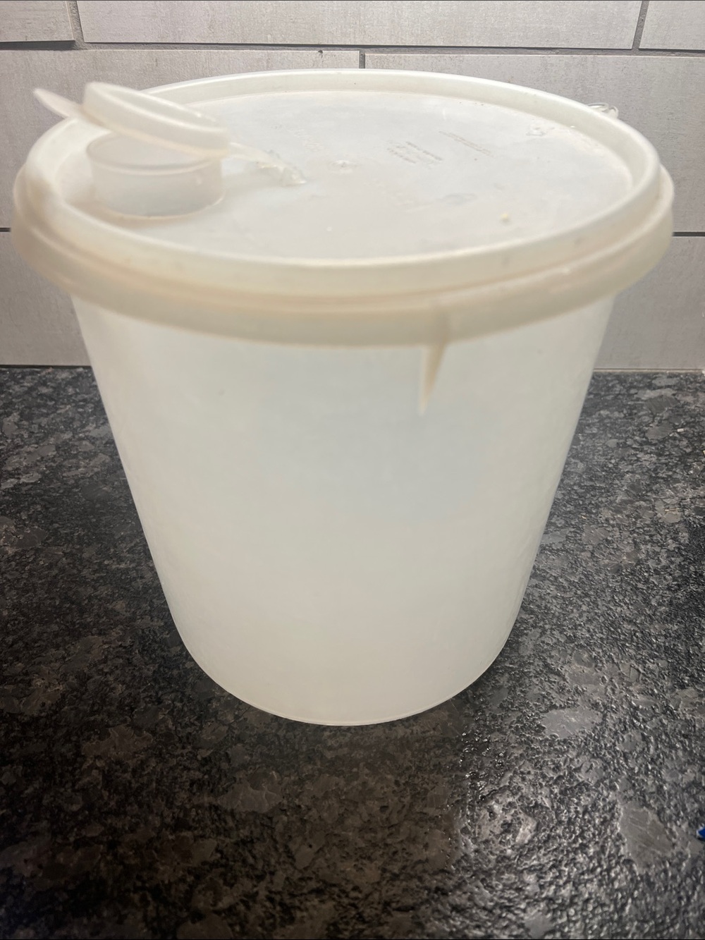 Plastic Storage Bucket with FlipLid - White #254 20 cup, 5 qt. Fair condition.